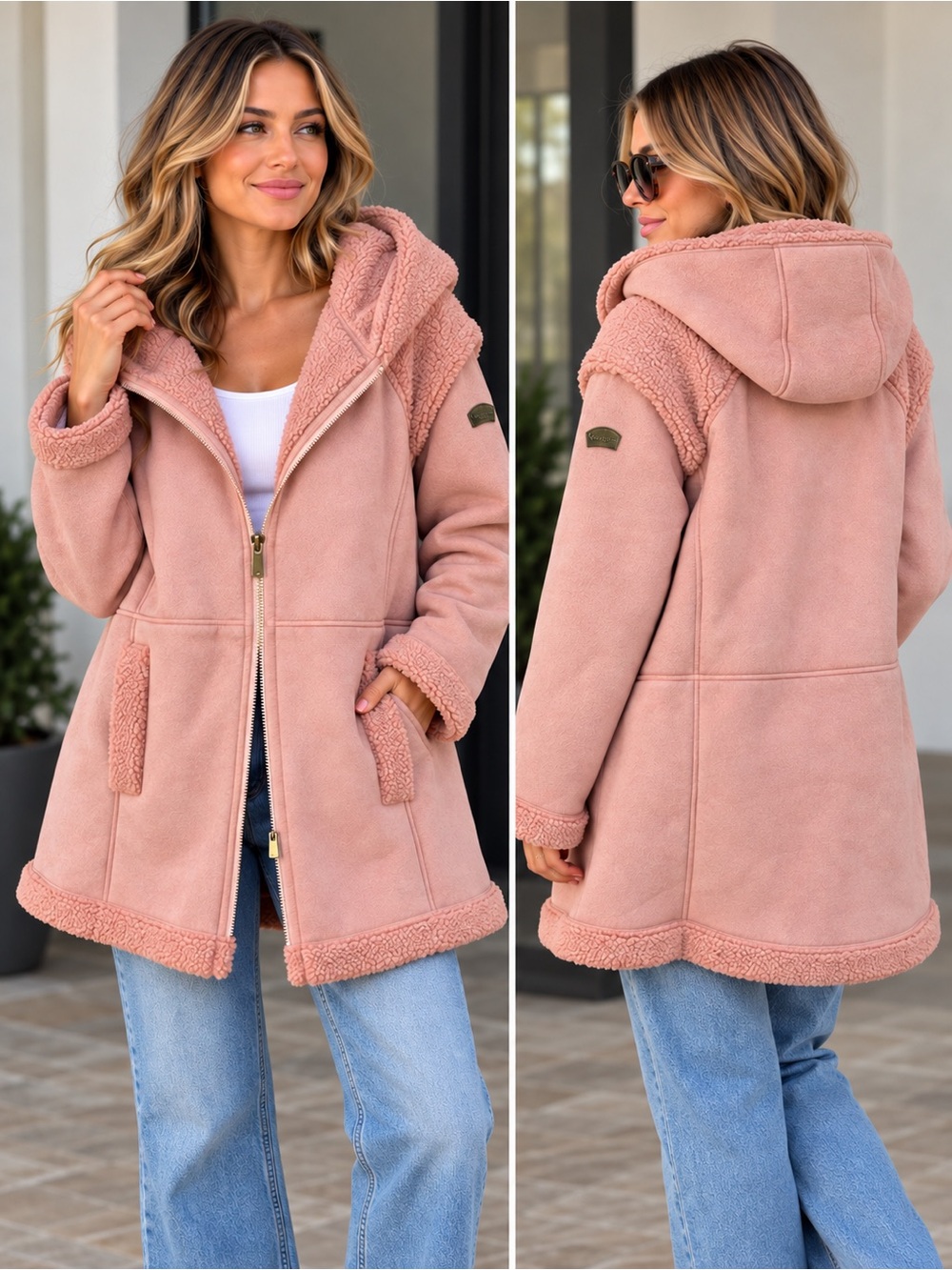 Koolaburra by UGG Faux Shearling Coat with Trims in a soft dusty pink shade 1X